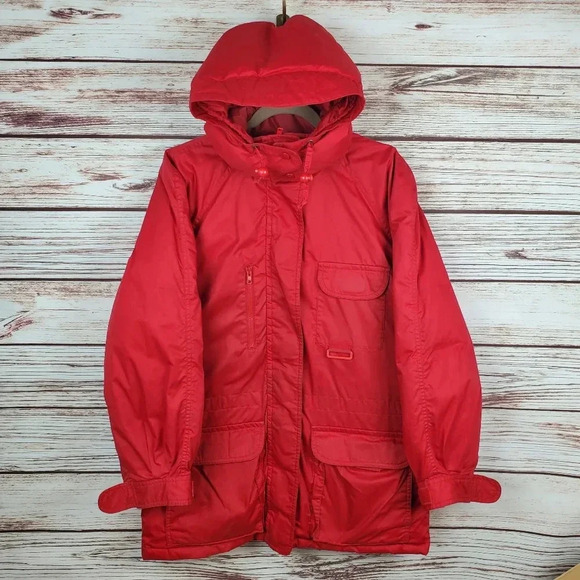 Eddie Bauer Womens Medium Vintage Snowline Red Goose Down Parka Puffer Coat - Picture 1 of 16